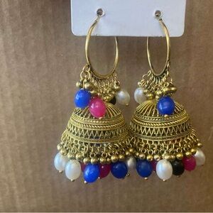 Gold Jhumka Earrings with Blue & Pink Beads - Women Jewelry